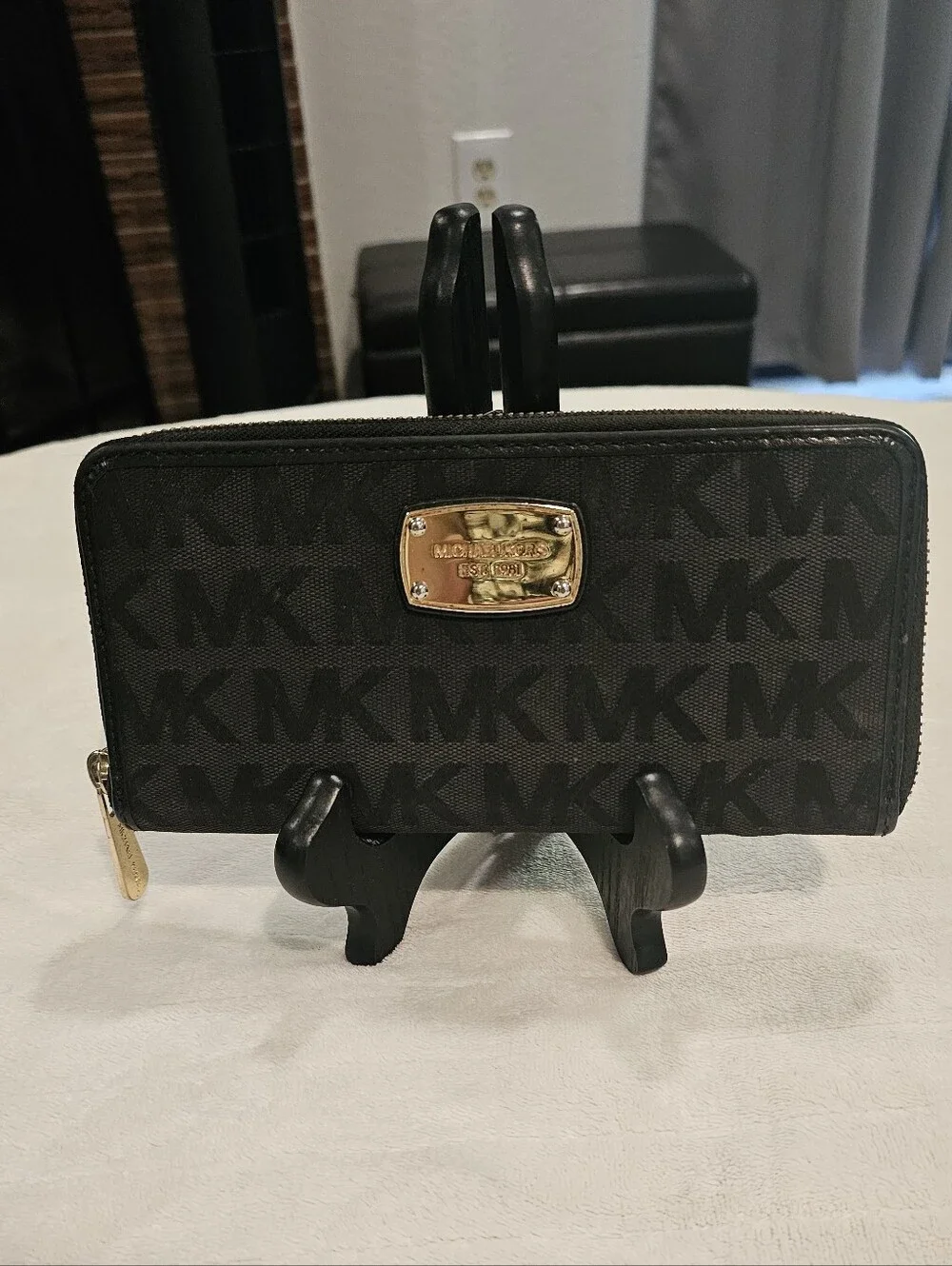 Michael Kors Black MK Logo Zip Wallet with Gold Plaque EUC